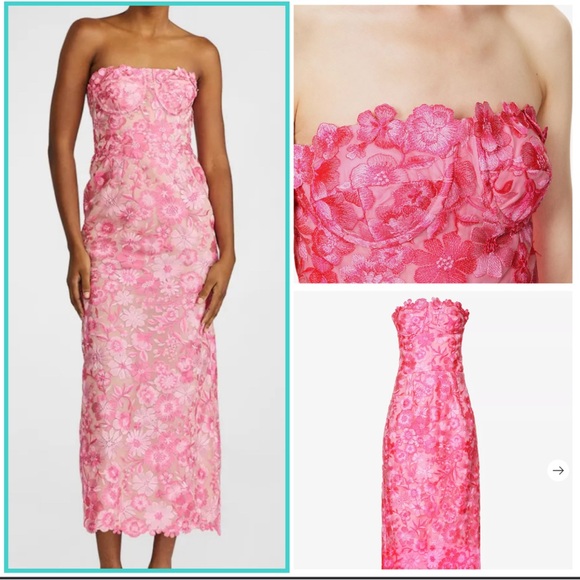green emerald velvet dress Fresh Bloom Strapless Floral Applique Midi Dress in Nude